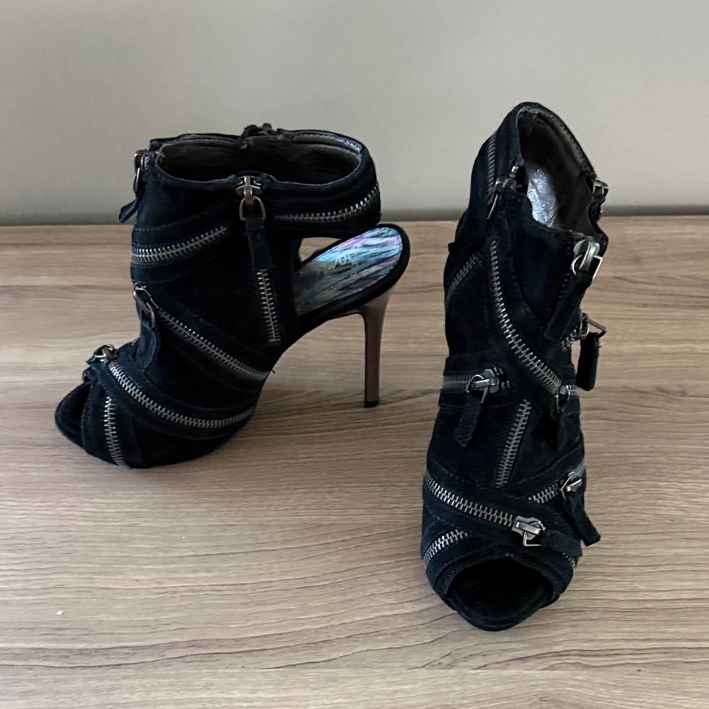 Sam Edelman Black Suede Zipper Peep-Toe Heels